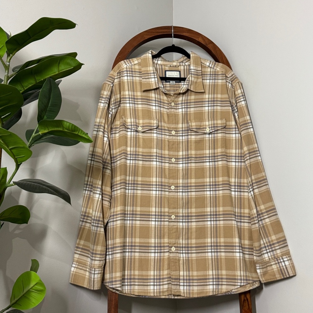 American Eagle Men’s XXXL Super Soft Tan 100% Cotton Plaid Flannel Shirt